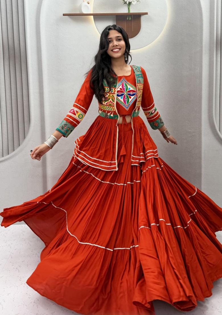 Orange Lace Work Cotton Lehenga Set - Indya