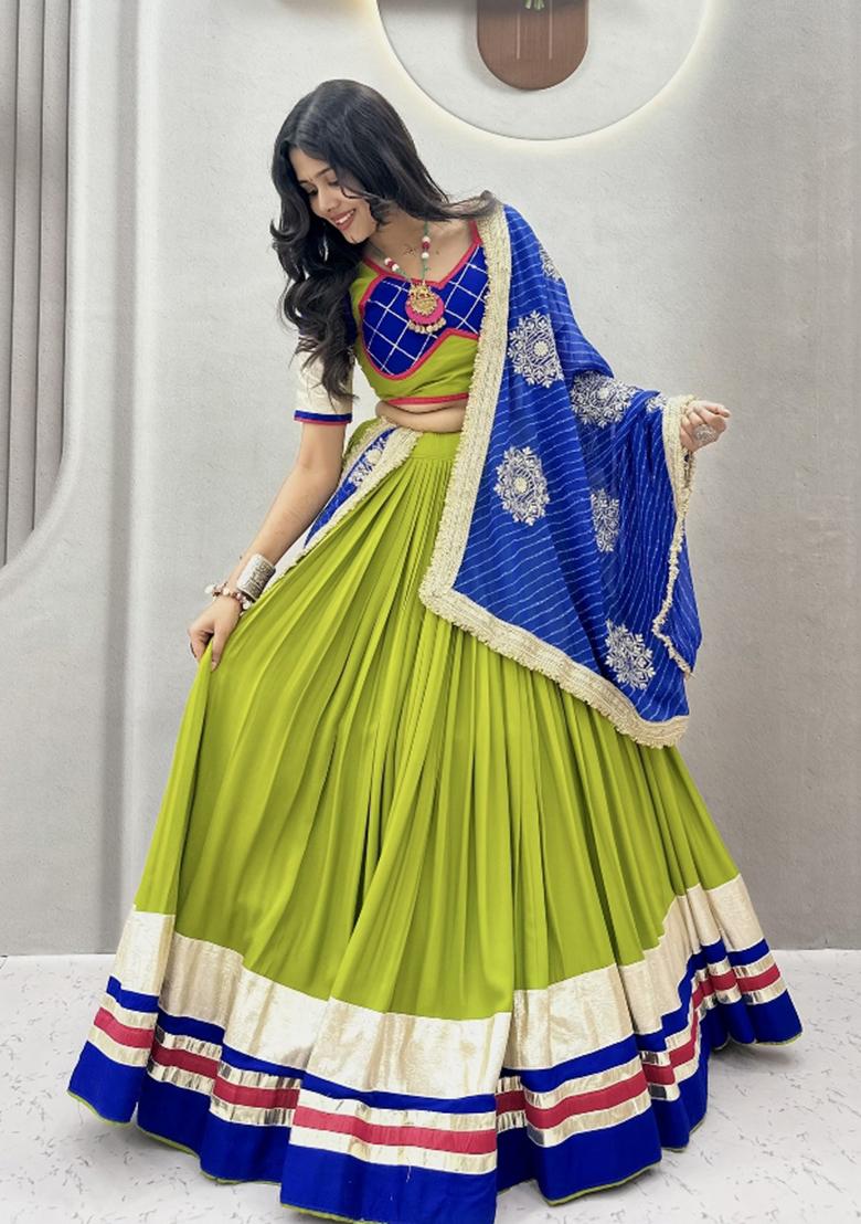 Green Lace Work Cotton Lehenga Set - Indya