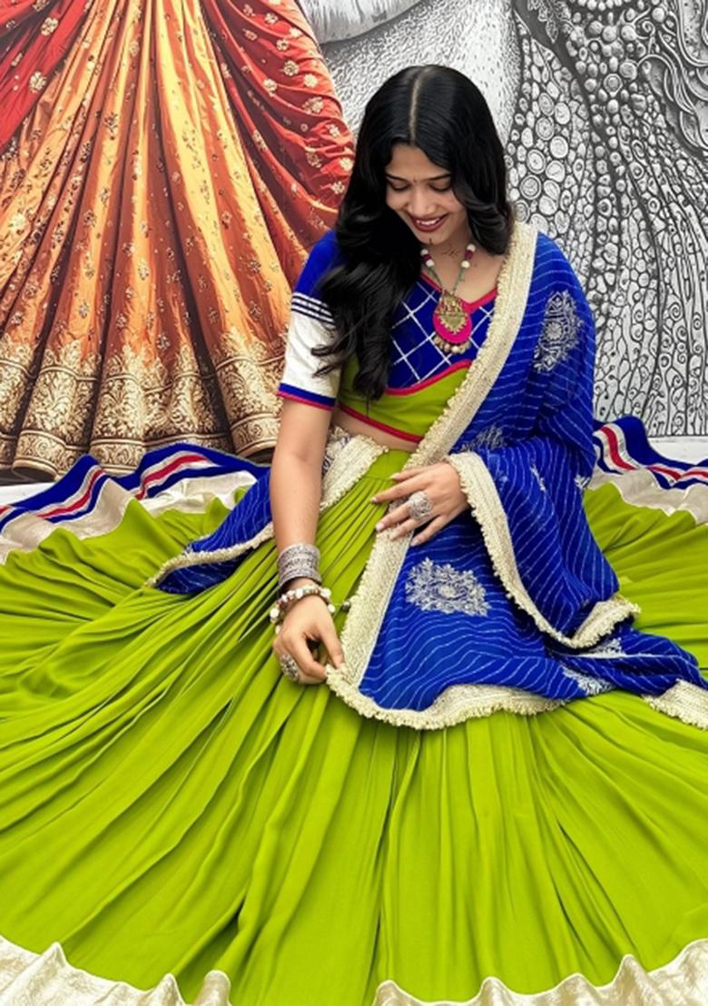 Green Lace Work Cotton Lehenga Set - Indya