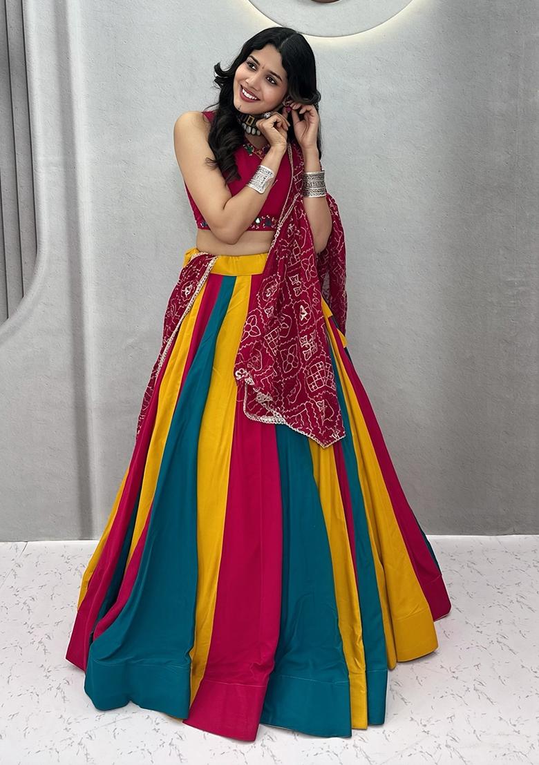 Multicolor Thread Work Cotton Lehenga Set - Indya