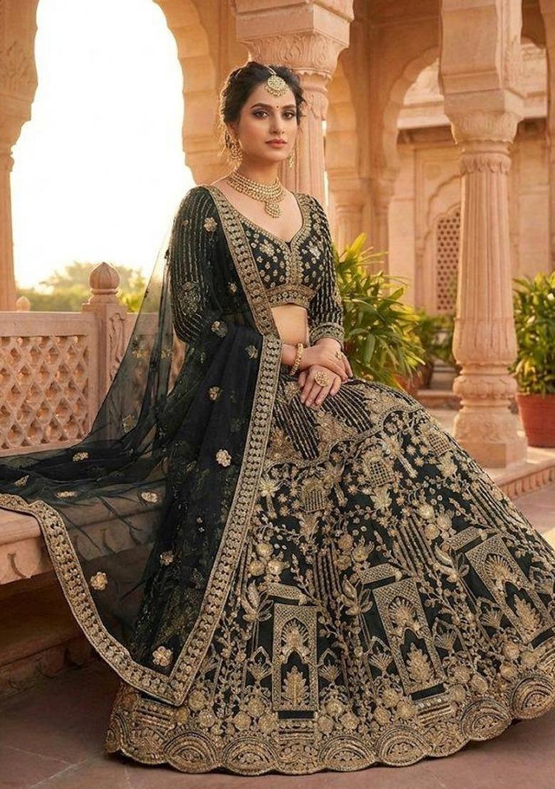 Black Sequin Work Net Lehenga Set - Indya
