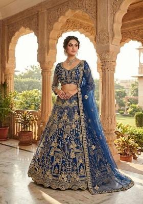 Blue Sequin Work Net Lehenga Set