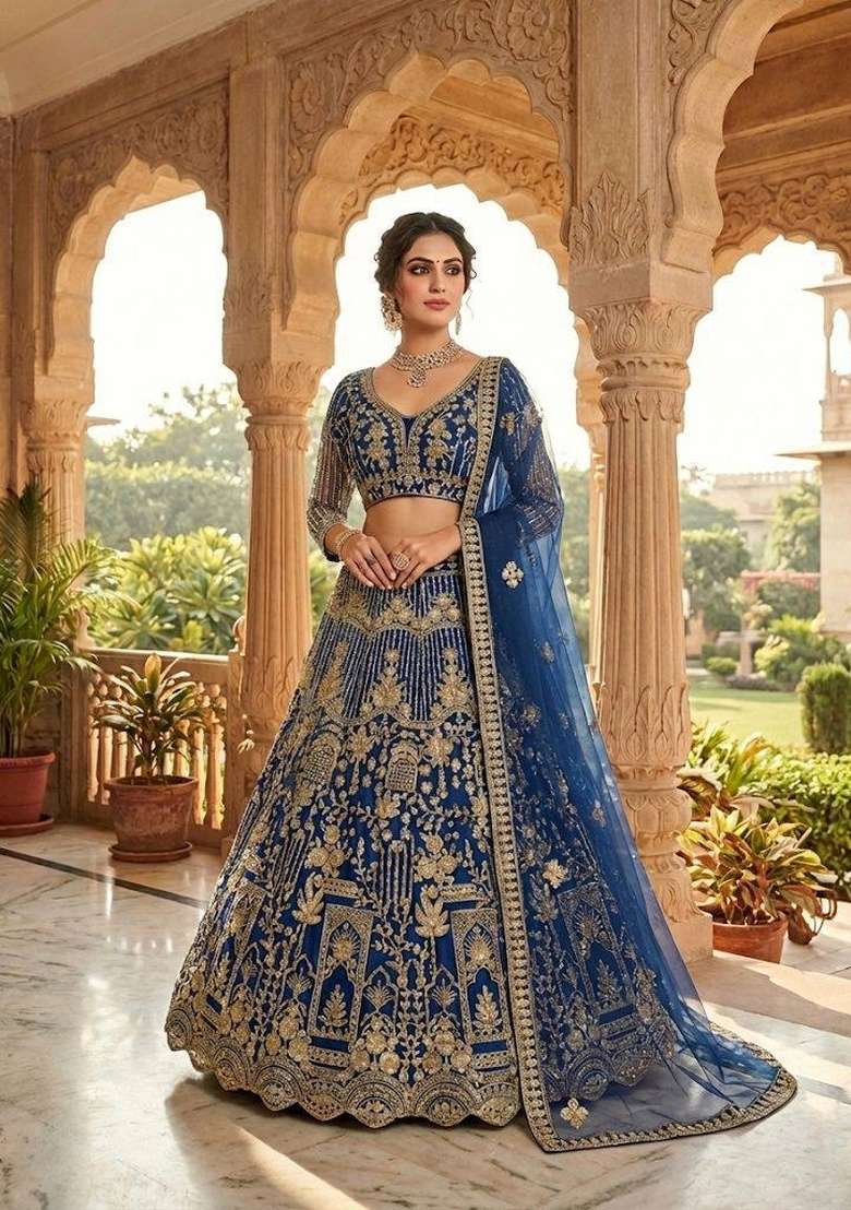 Blue Sequin Work Net Lehenga Set for Diwali and Festive Wear - Indya