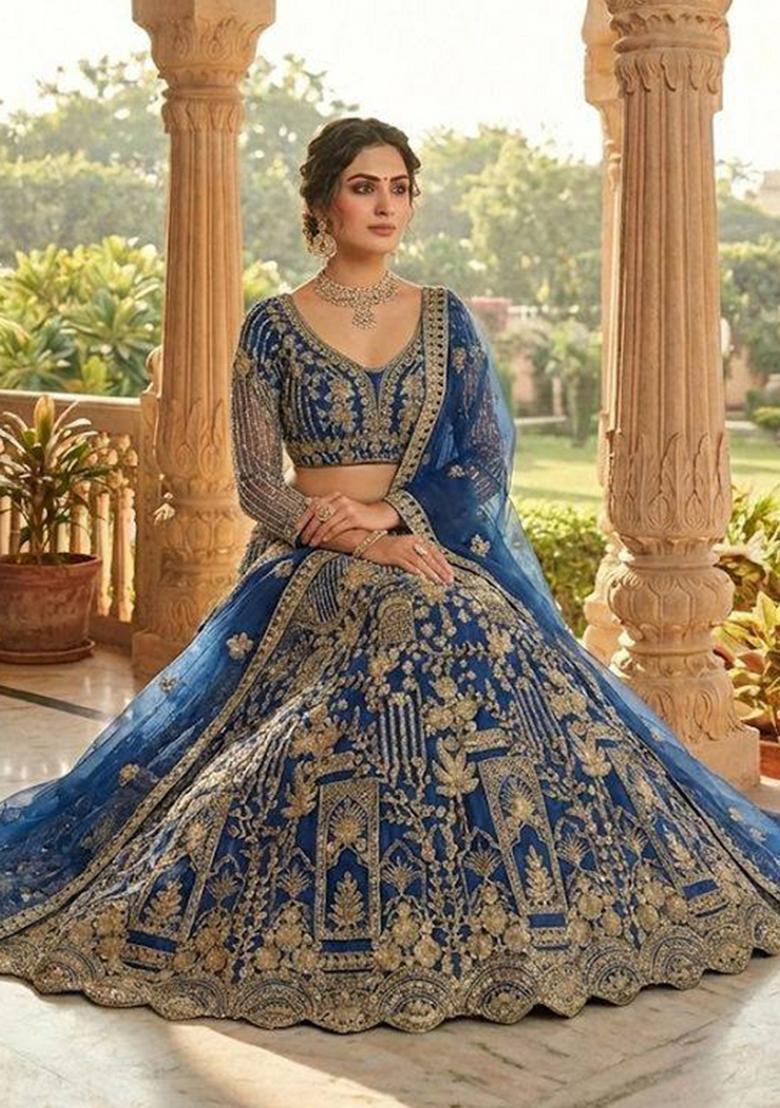 Blue Sequin Work Net Lehenga Set - Indya