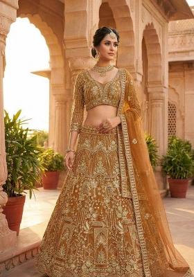 Orange Sequin Work Net Lehenga Set