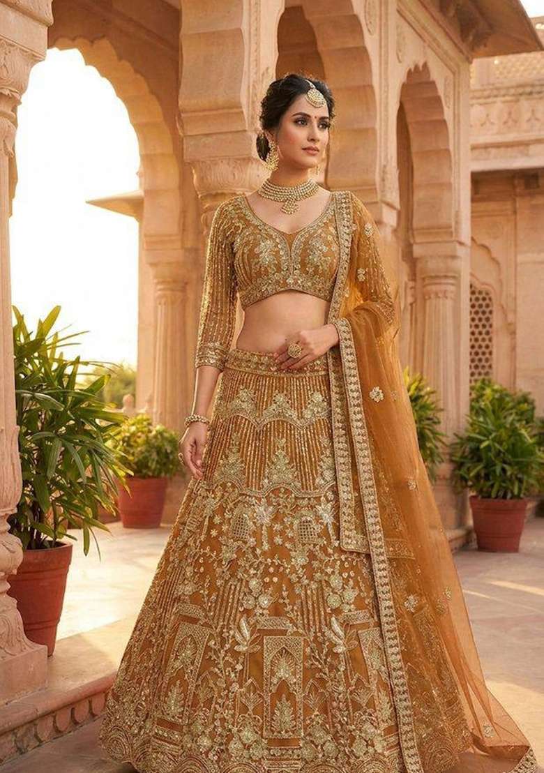 Orange Work Net Lehenga Set with Sequin for Diwali | Wedding & Festive Wear - Indya
