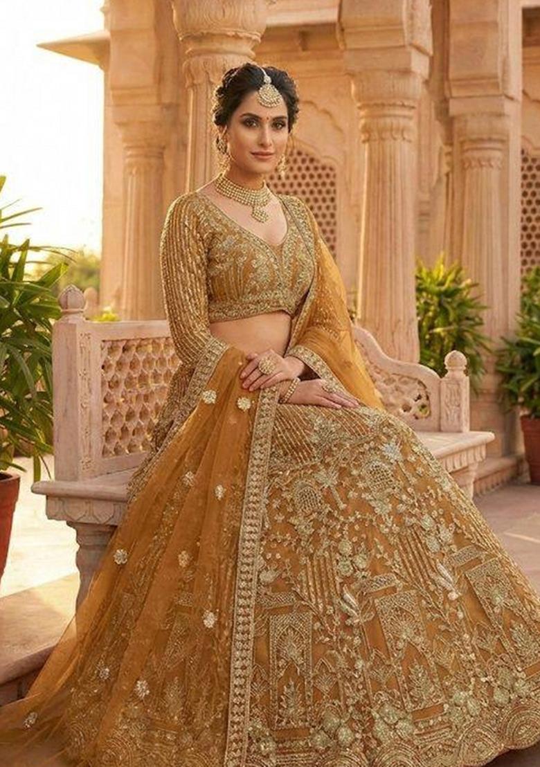 Orange Sequin Work Net Lehenga Set - Indya
