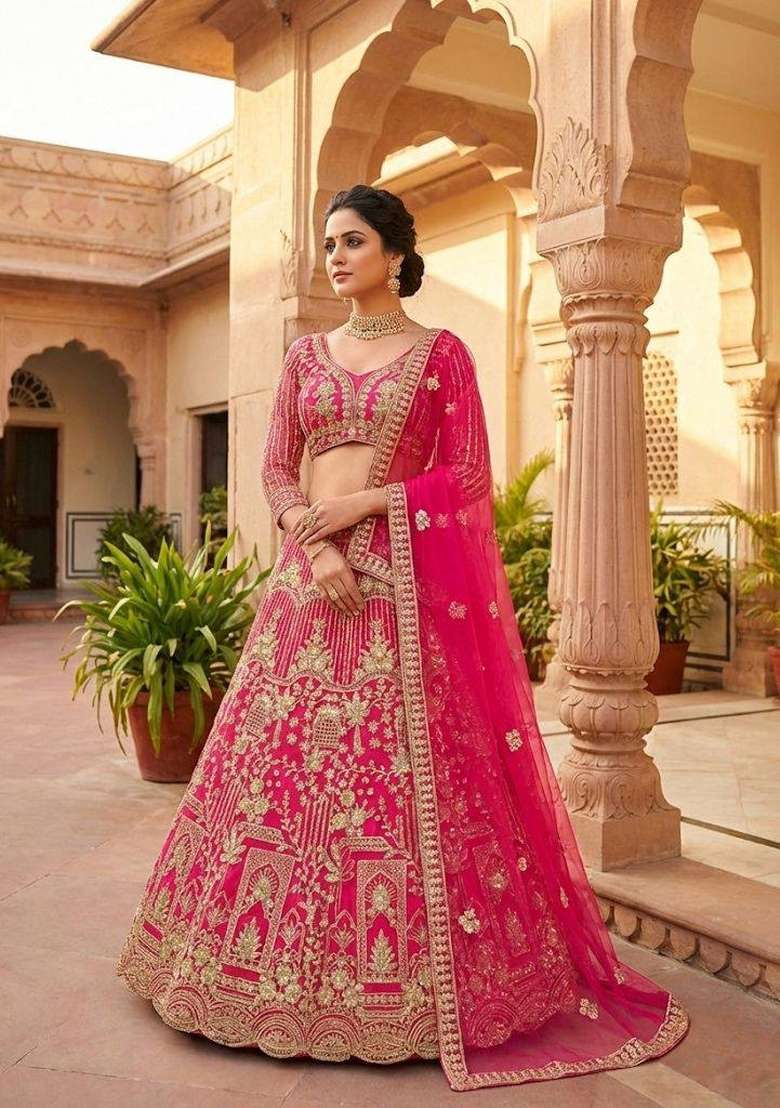 Pink Work Net Lehenga Set with Sequin for Diwali | Wedding & Festive Wear - Indya