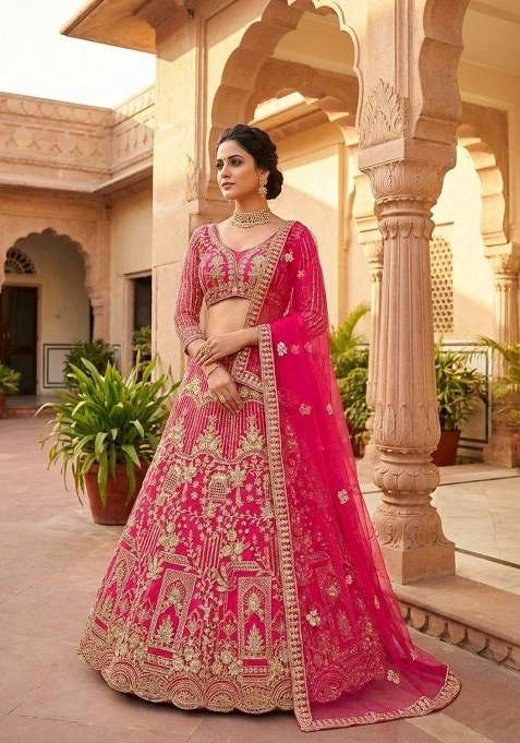 Pink Work Net Lehenga Set with Sequin for Diwali | Wedding & Festive Wear
