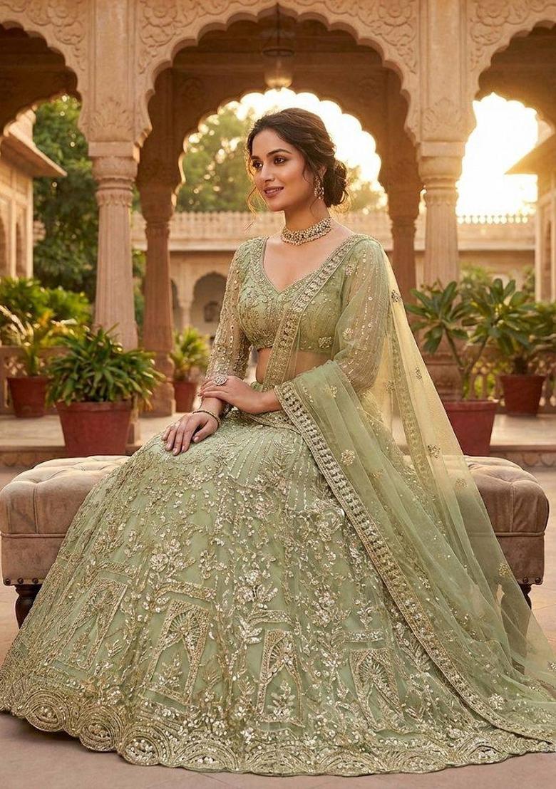Pista Sequin Work Net Lehenga Set - Indya