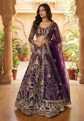 Wine Sequin Work Net Lehenga Set