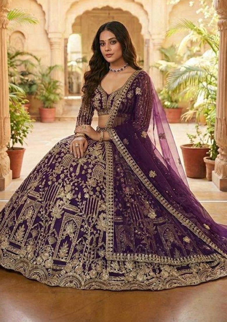 Wine Sequin Work Net Lehenga Set - Indya
