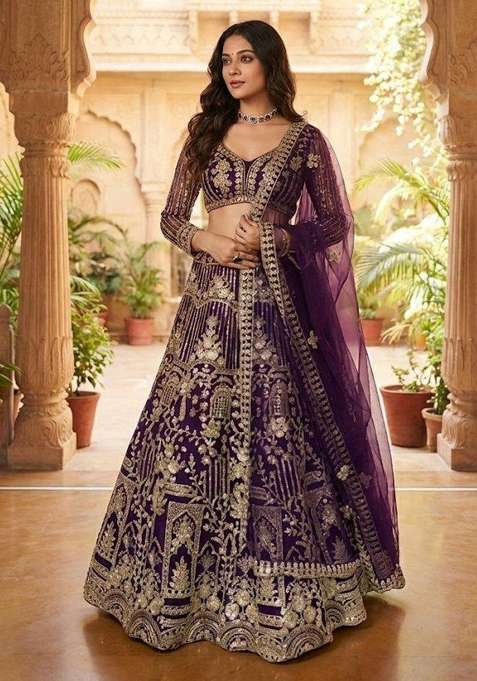 Wine Work Net Lehenga Set with Sequin for Diwali | Wedding & Festive Wear