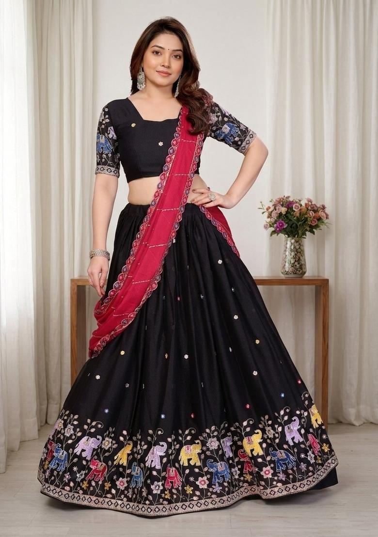 Black Embroidered Georgette Lehenga Set - Indya