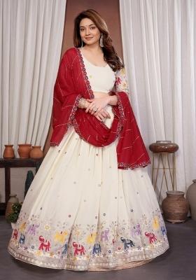 Off White Embroidered Georgette Lehenga Set