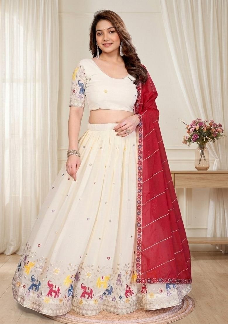 Off White Embroidered Georgette Lehenga Set - Indya