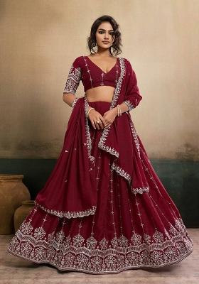 Maroon Embroidered Georgette Lehenga Set
