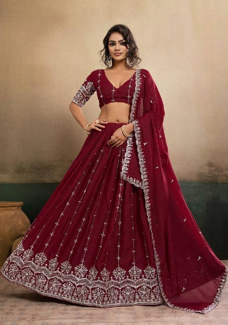Maroon Embroidered Georgette Lehenga Set - Indya