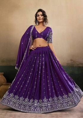 Purple Embroidered Georgette Lehenga Set