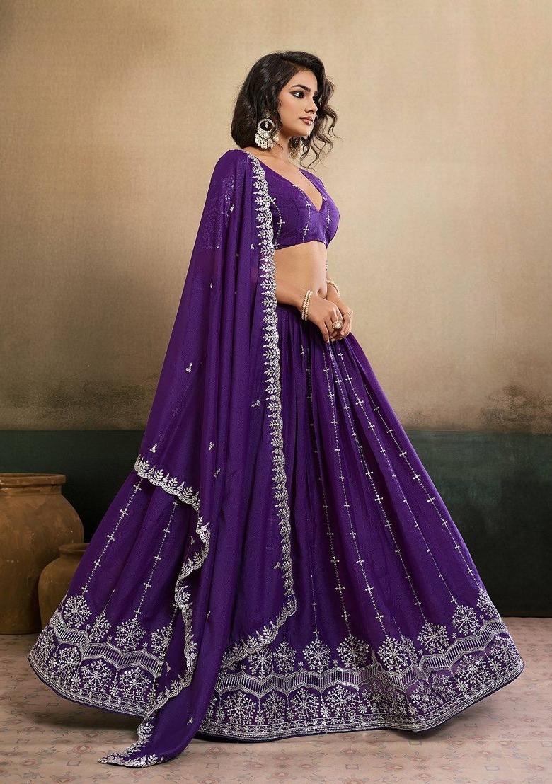 Purple Embroidered Georgette Lehenga Set - Indya