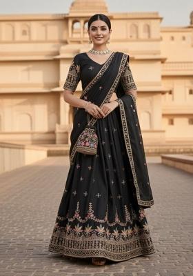 Black Embroidered Georgette Lehenga Set