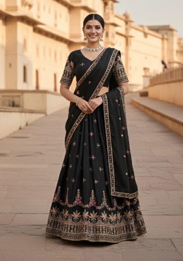 Black Embroidered Georgette Lehenga Set - Indya