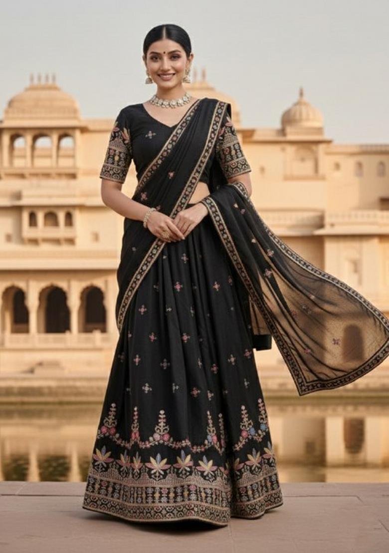 Black Embroidered Georgette Lehenga Set - Indya