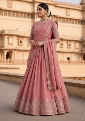 Pink Embroidered Georgette Lehenga Set