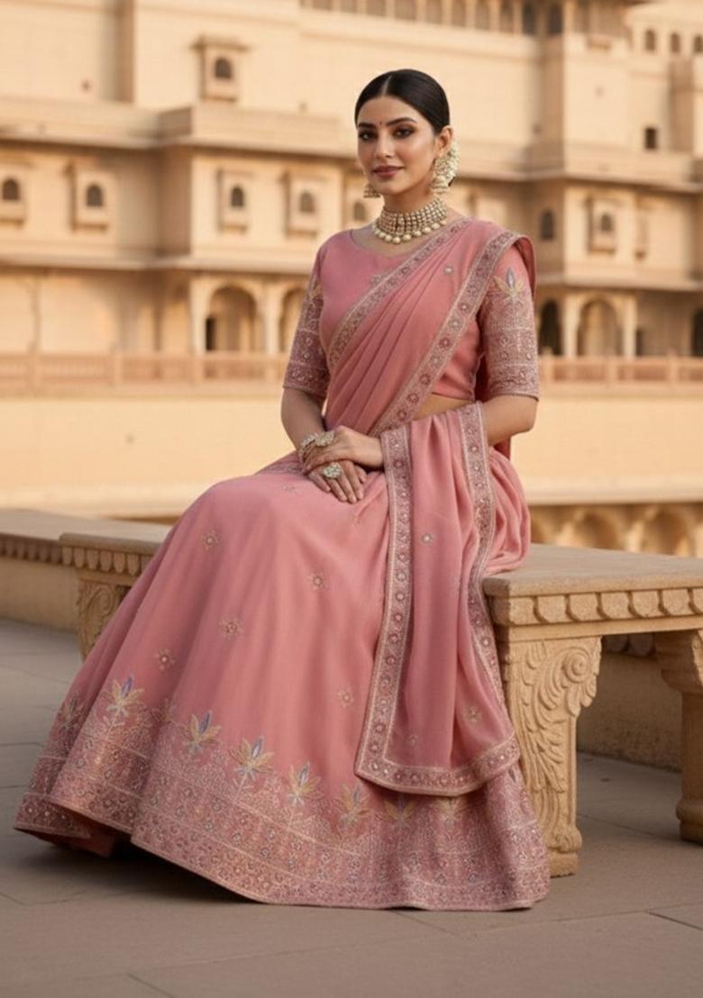 Pink Embroidered Georgette Lehenga Set - Indya