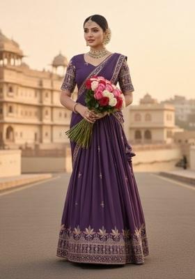 Purple Embroidered Georgette Lehenga Set