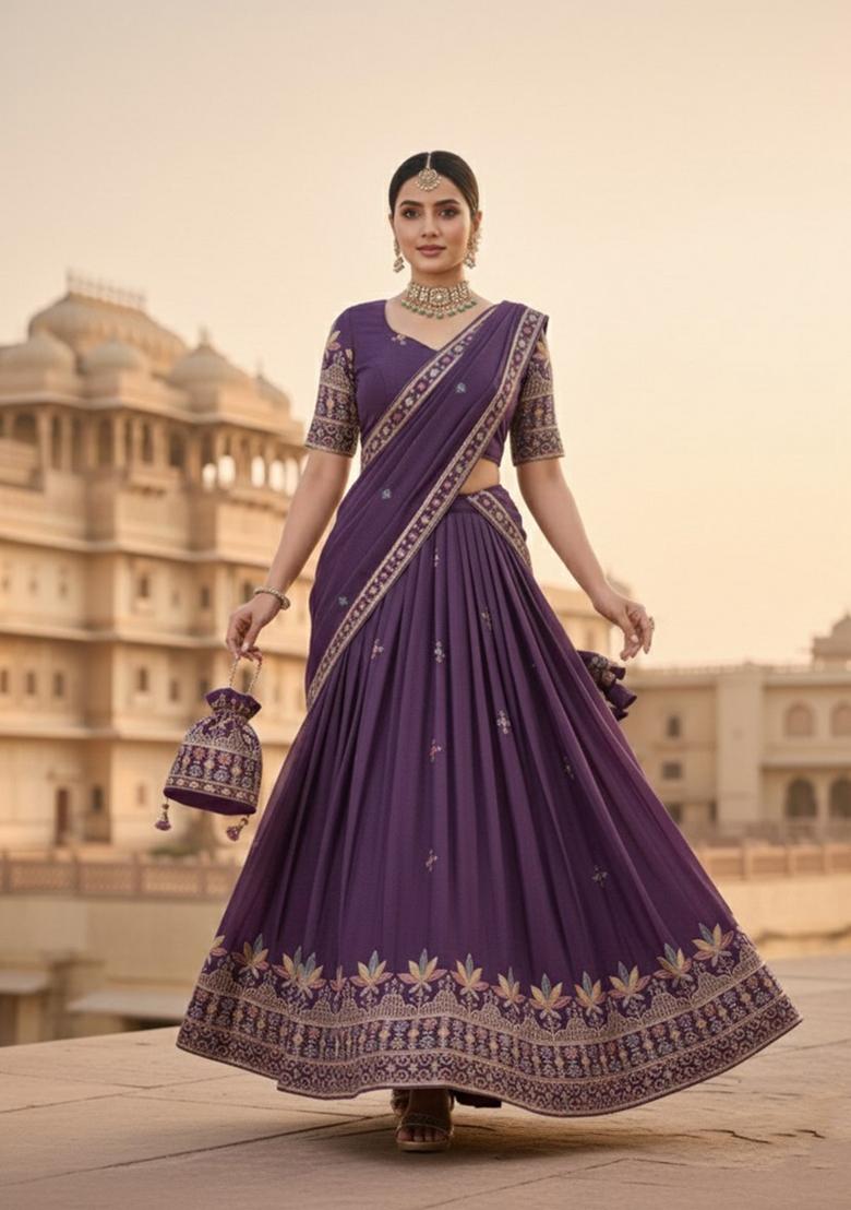Purple Embroidered Georgette Lehenga Set - Indya
