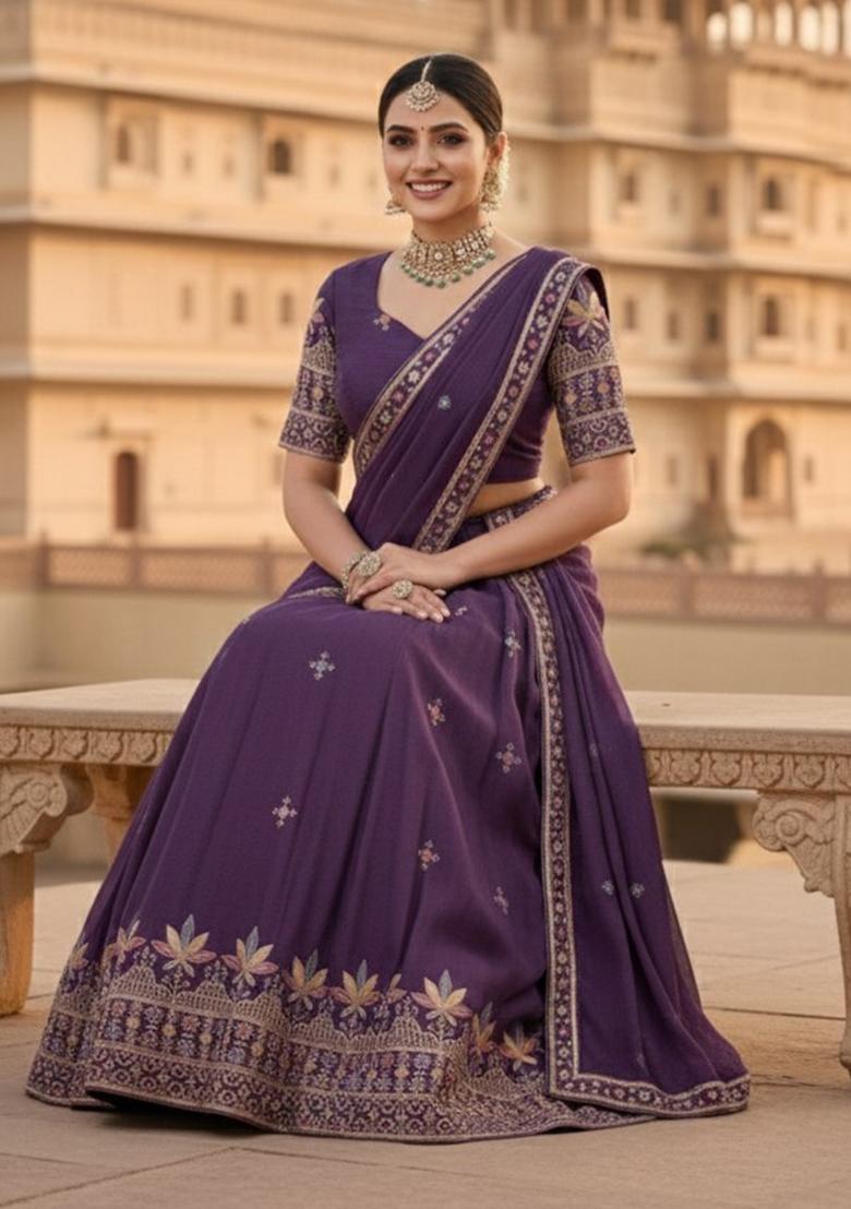 Purple Embroidered Georgette Lehenga Set - Indya