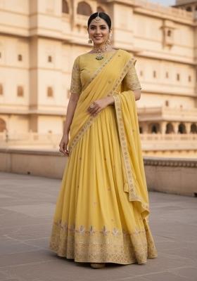 Yellow Embroidered Georgette Lehenga Set