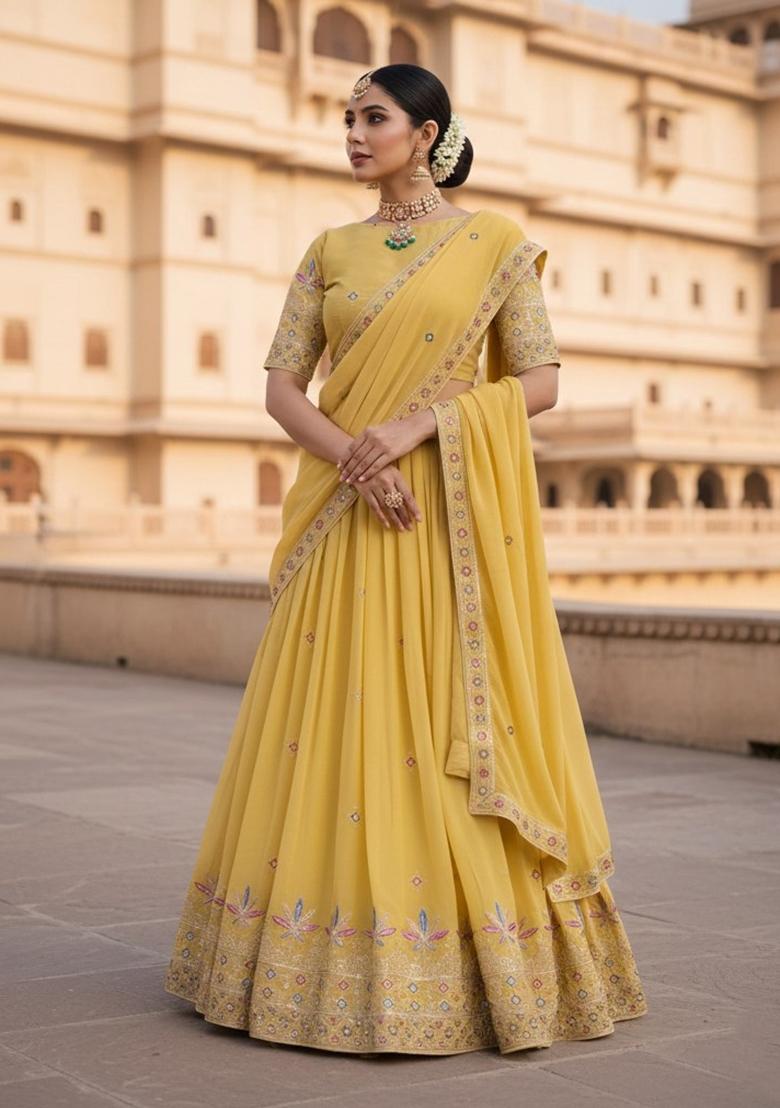 Yellow Embroidered Georgette Lehenga Set - Indya