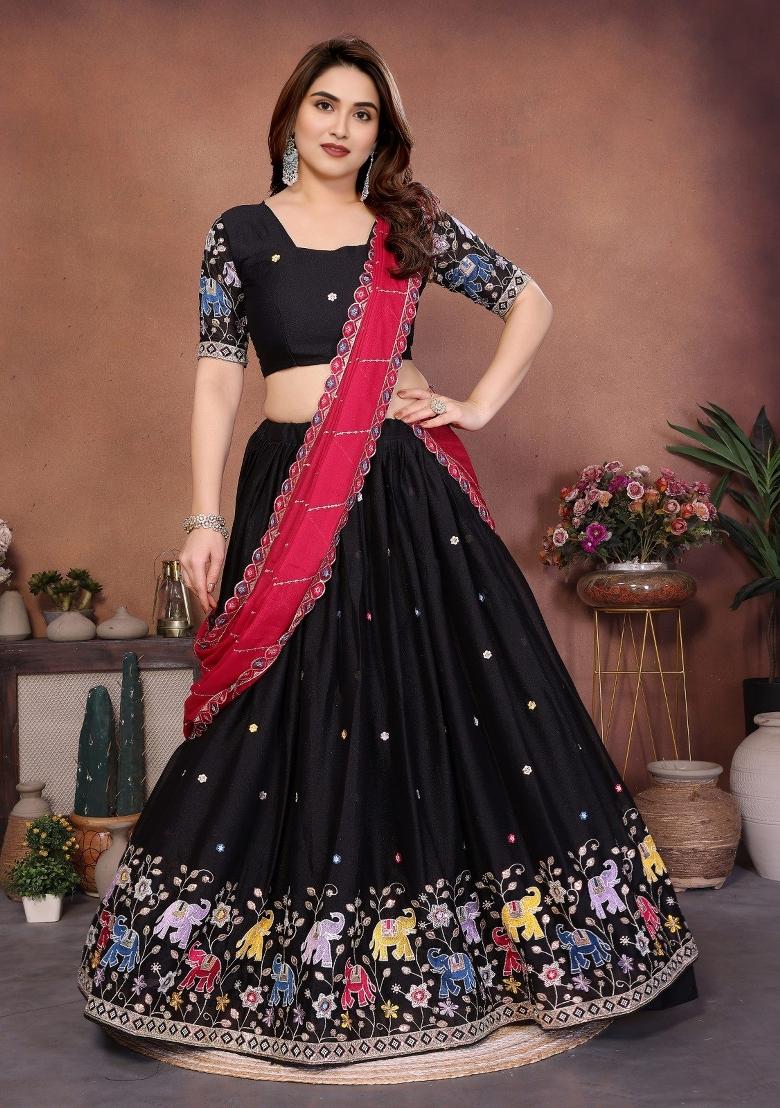 Black Embroidered Georgette Lehenga Set - Indya