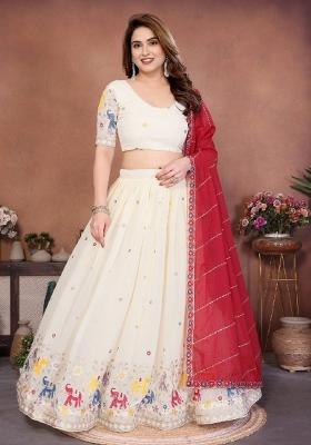 Off White Embroidered Georgette Lehenga Set