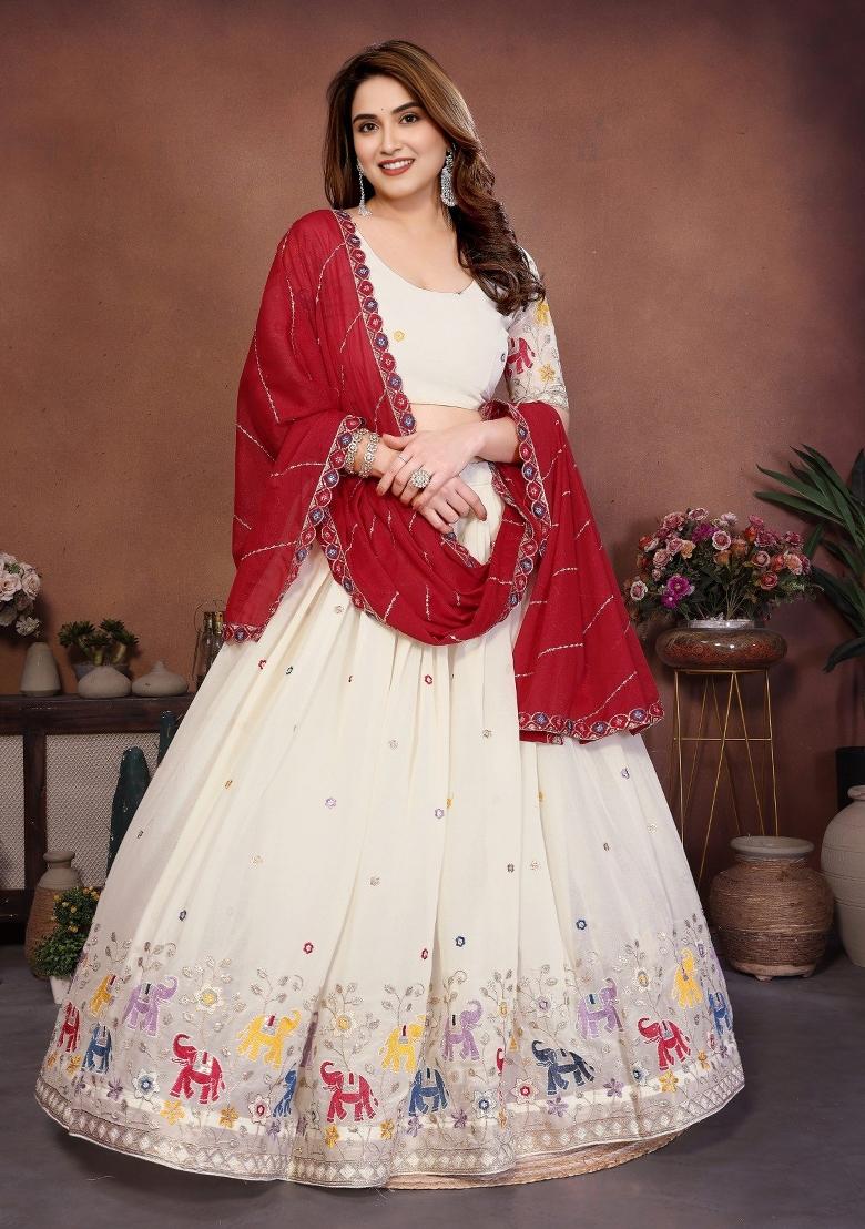 Off White Embroidered Georgette Lehenga Set - Indya