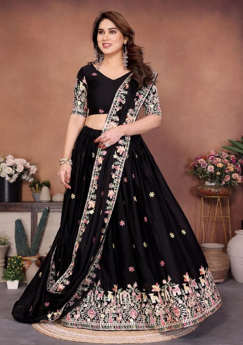 Black Embroidered Georgette Lehenga Set - Indya