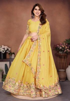 Yellow Embroidered Georgette Lehenga Set