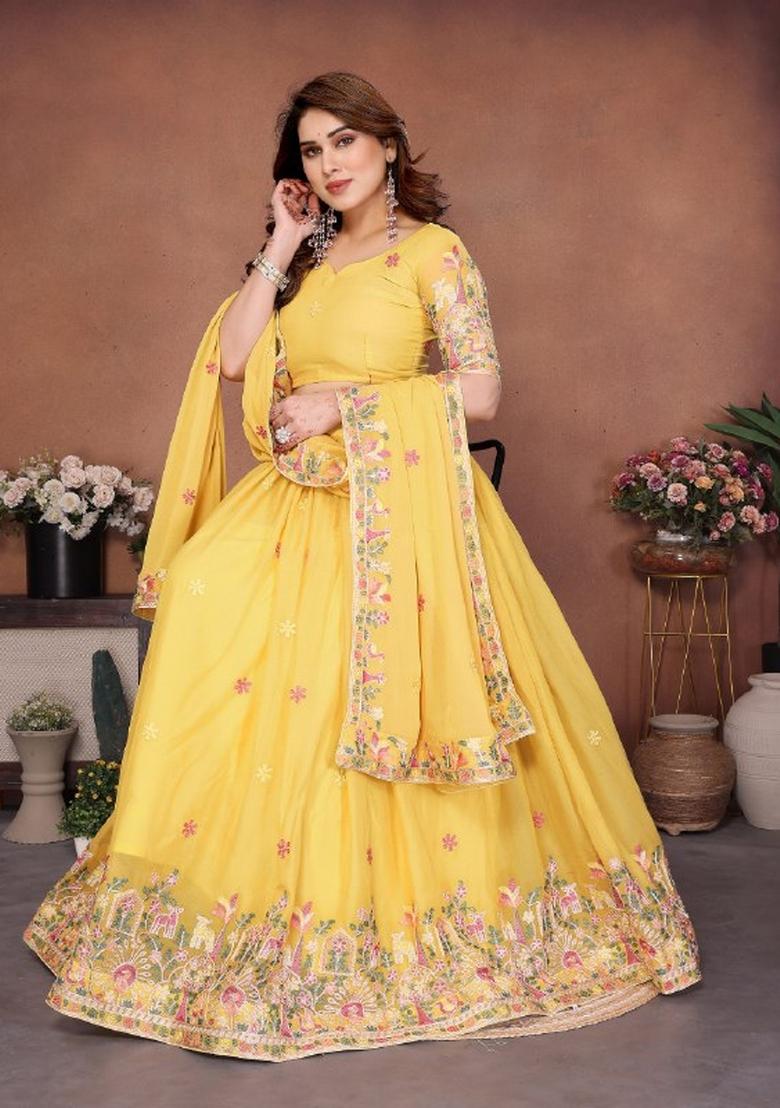Yellow Embroidered Georgette Lehenga Set - Indya