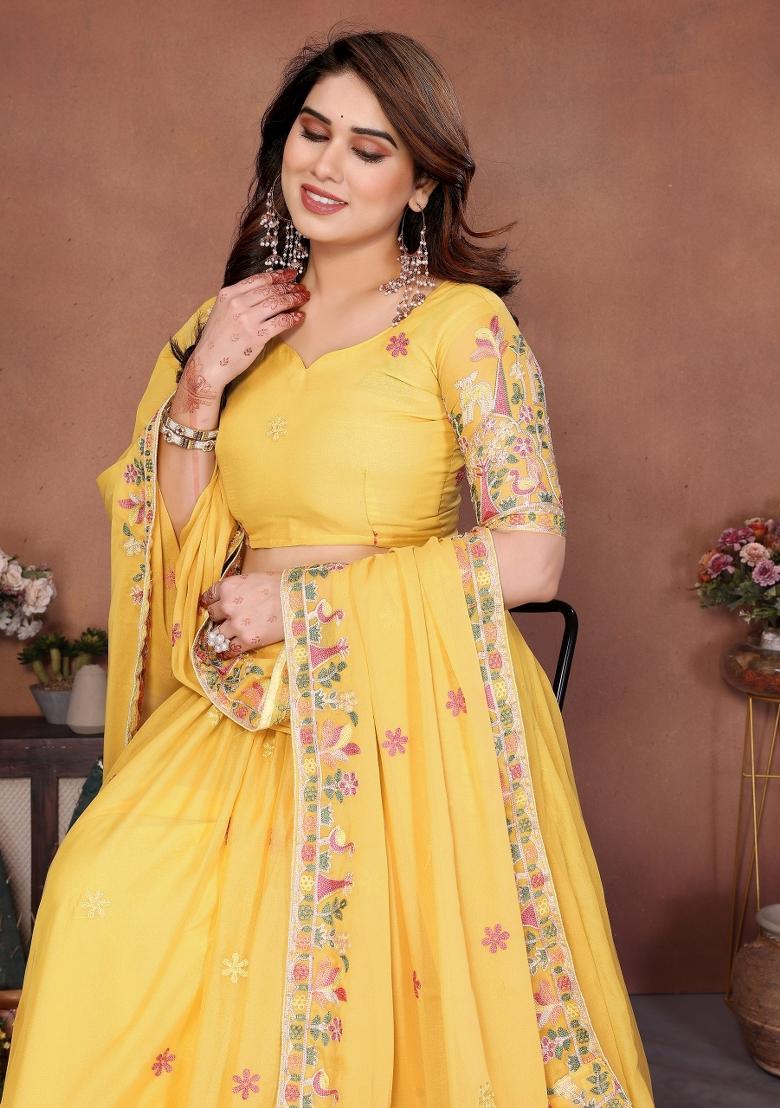 Yellow Embroidered Georgette Lehenga Set - Indya