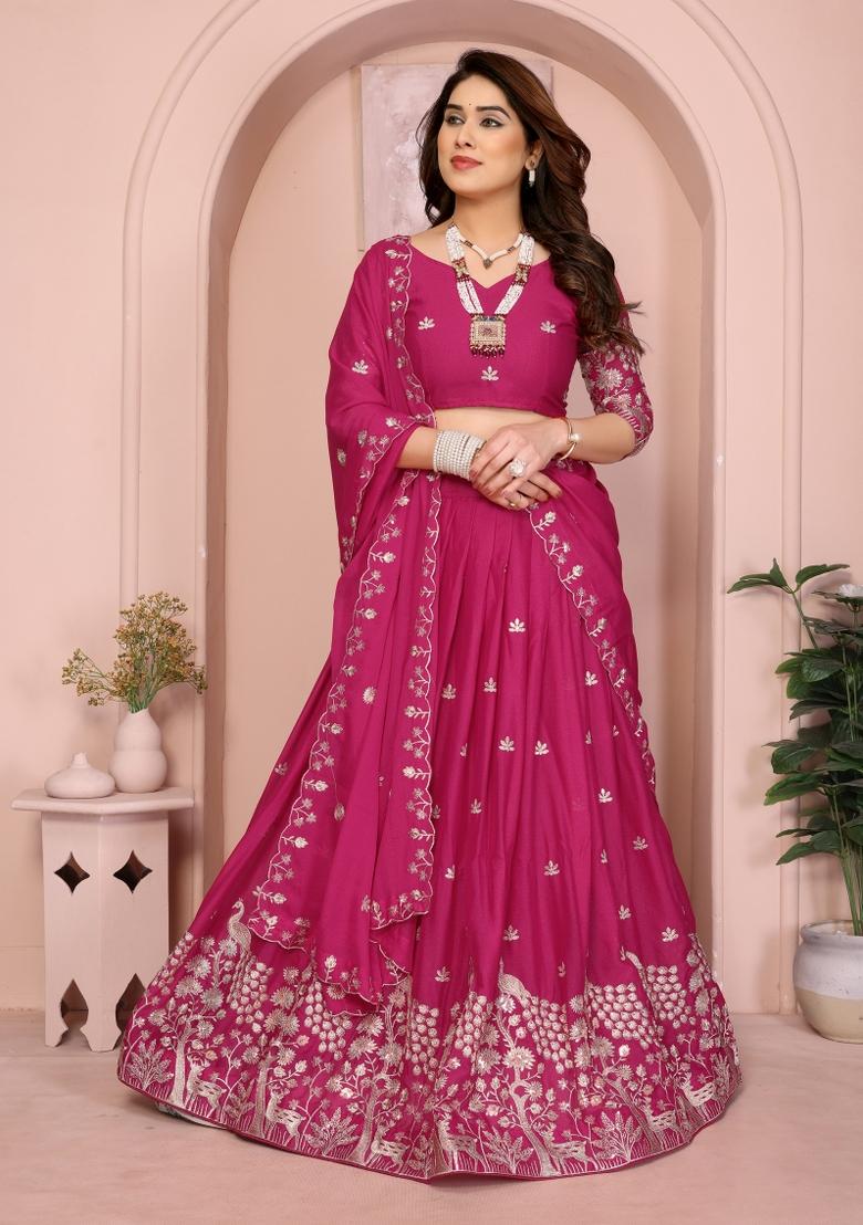 Pink Embroidered Georgette Lehenga Set - Indya