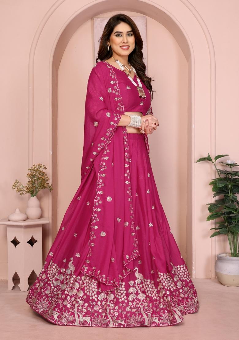 Pink Embroidered Georgette Lehenga Set - Indya