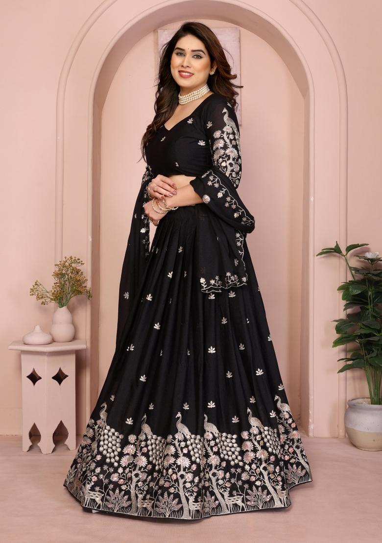 Black Embroidered Georgette Lehenga Set - Indya