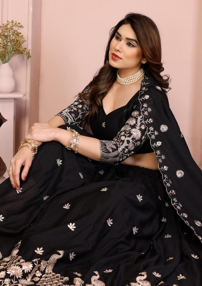 Black Embroidered Georgette Lehenga Set - Indya