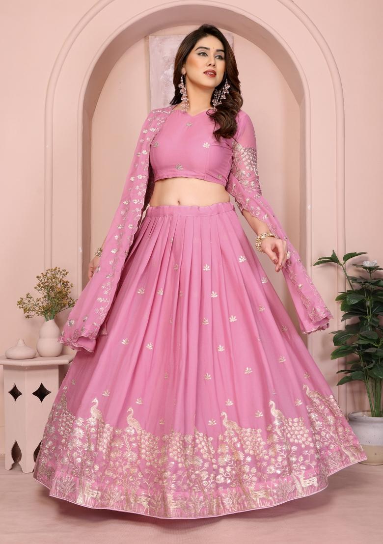 Light Pink Embroidered Georgette Lehenga Set - Indya