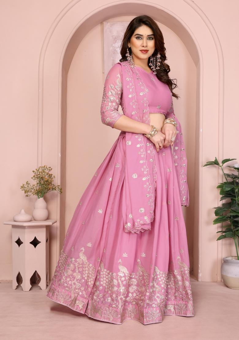 Light Pink Embroidered Georgette Lehenga Set - Indya