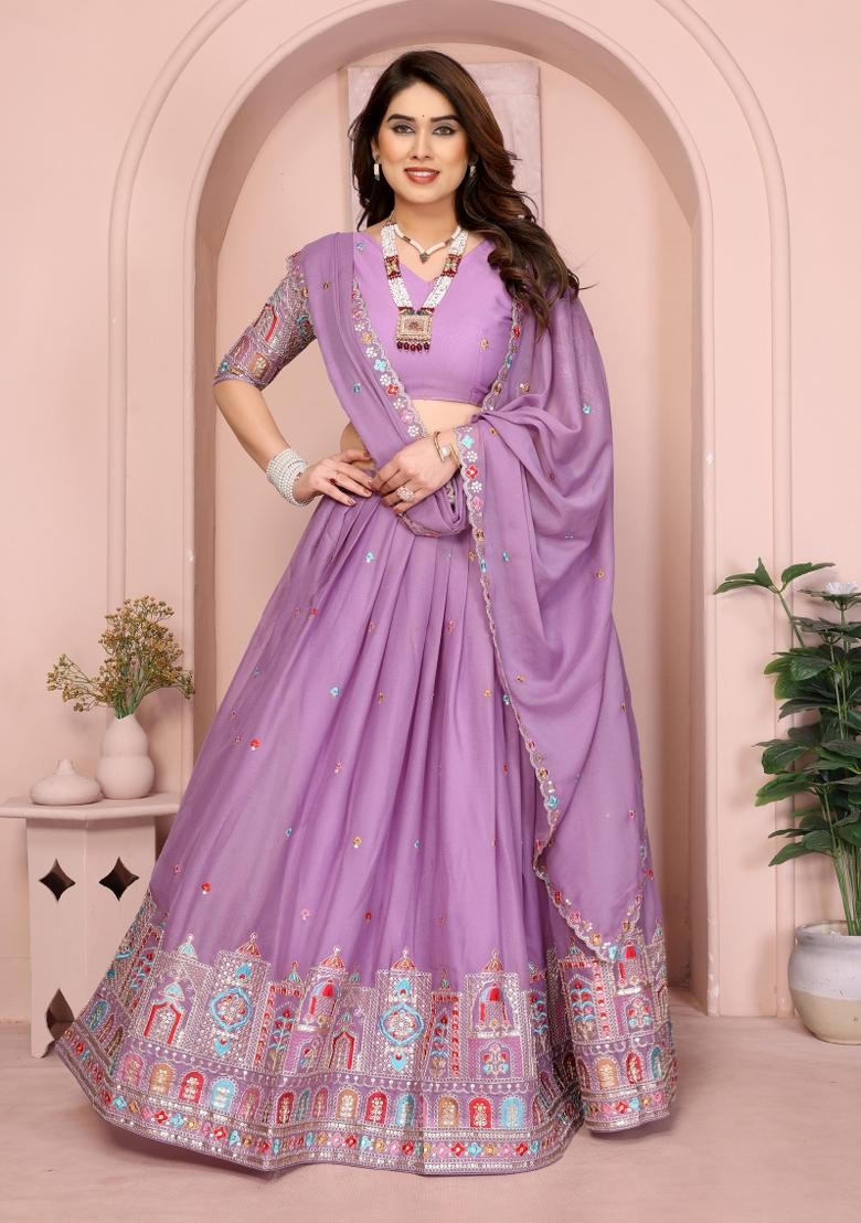 Lavender Embroidered Georgette Lehenga Set - Indya