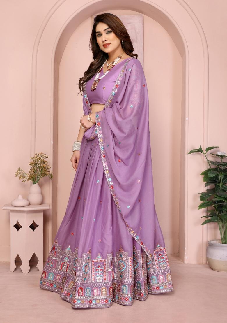 Lavender Embroidered Georgette Lehenga Set - Indya