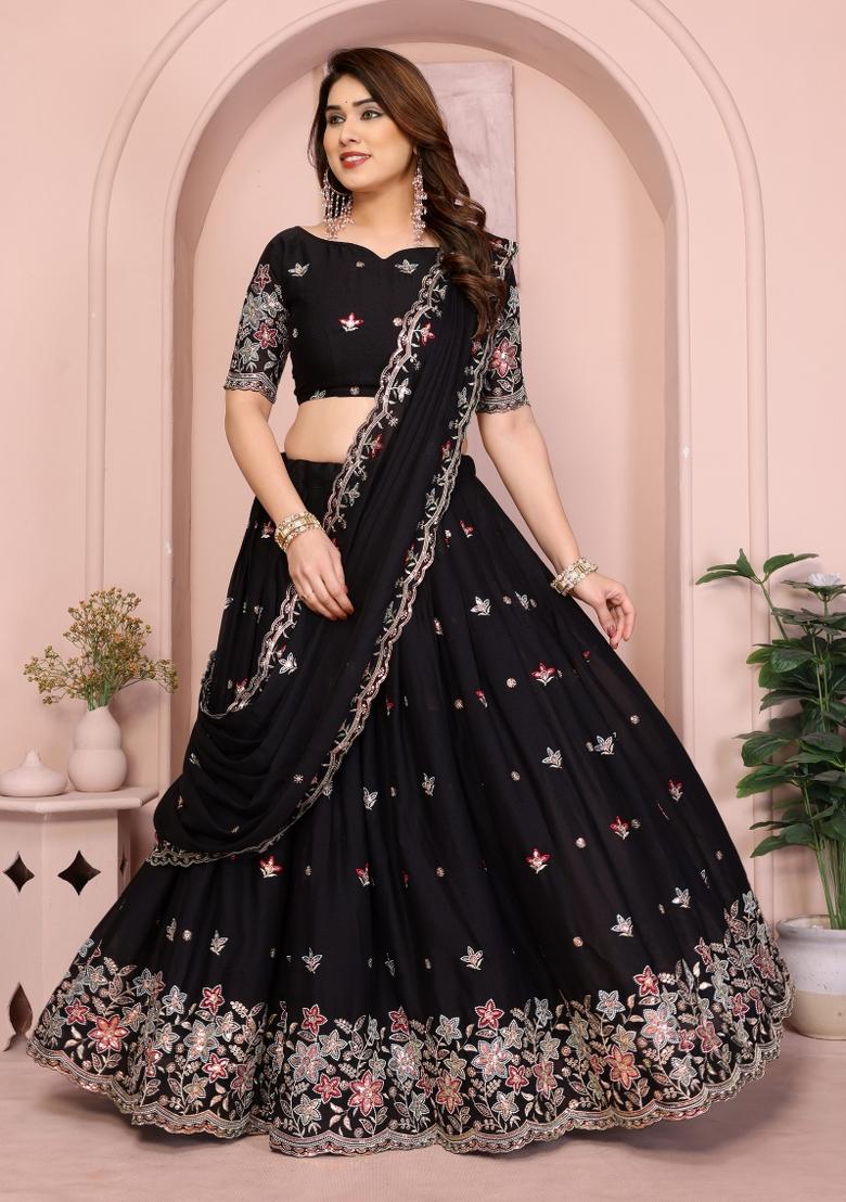 Black Embroidered Georgette Lehenga Set - Indya